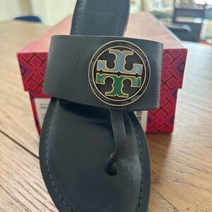 Tory Burch Black Sandals with Gold Medallion